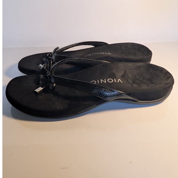 VIONIC Bella Toe Post Flip Flop Sandals with Bow Black Lizard Reptile Women's 7 - Picture 6 of 15